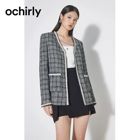 【品牌甄选】欧时力 格子小香风外套 23新款秋V领法式宽松廓形感图片