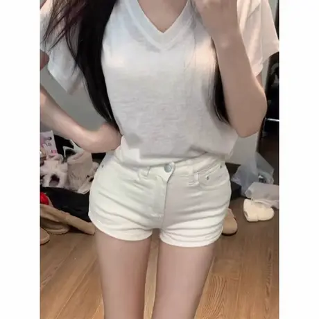 白色牛仔短裤女夏季别致弹力修身显瘦直筒热裤性感辣妹裤子包臀裤商品大图