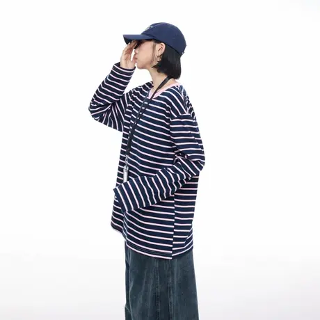 美式潮牌纯棉撞色条纹圆领T恤女秋季新款宽松慵懒松弛感套头上衣商品大图