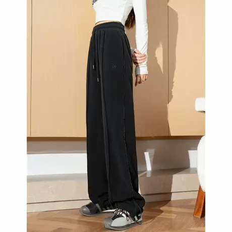 唐狮休闲裤2024秋冬新款加厚摇粒绒阔腿裤女黑色拼接设计感裤子kz商品大图