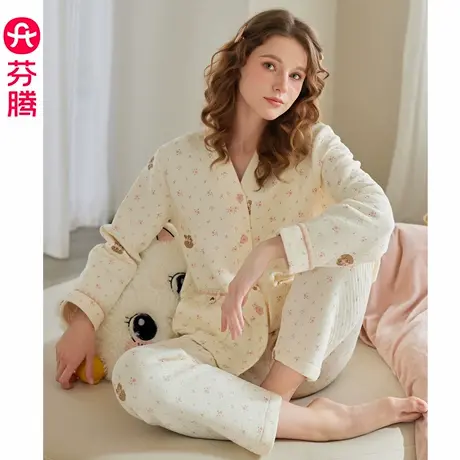 芬腾女睡衣空气棉夹层纯棉秋冬季长袖套装女士抗菌大码冬天家居服商品大图