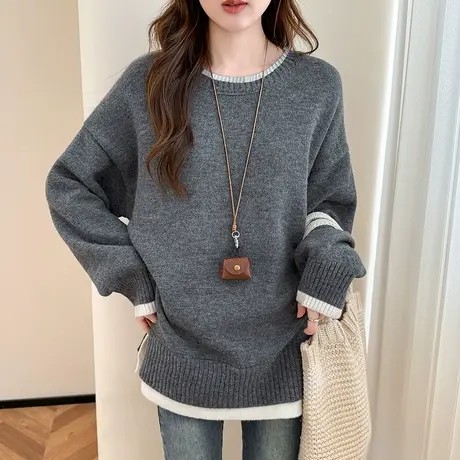 唐狮秋冬季毛衣女撞色边设计假两件圆领套头慵懒风高级感TU图片