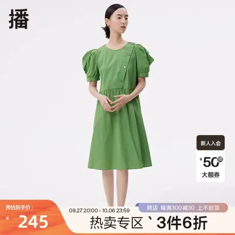 播秋季新款简约圆领斜襟抽褶拼接娃娃裙连衣裙女DDP4LD4697图片