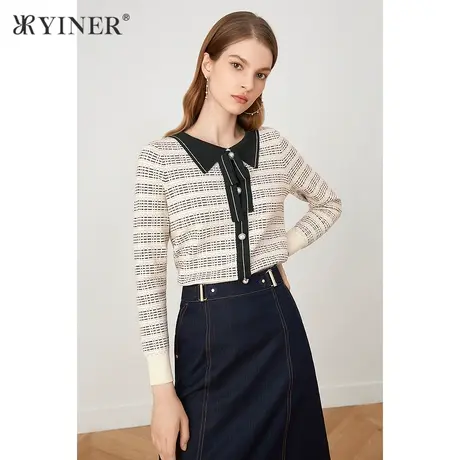 YINER音儿女装2021秋季新款条纹长袖毛针织衫商品大图