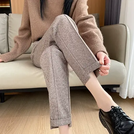 毛呢西装裤女冬季新款加厚高腰九分直筒显瘦小个子羊绒烟管裤子商品大图