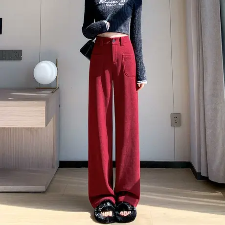 灯芯绒直筒窄版阔腿裤女冬季酒红色高腰显瘦窄版加绒加厚休闲裤子商品大图