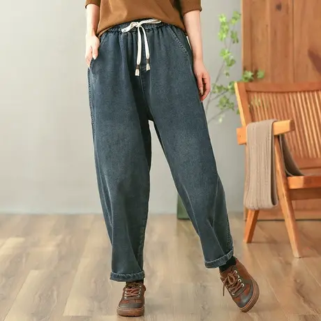 dza 高腰显瘦宽松阔腿直筒加绒牛仔裤子女秋冬外穿长裤休闲哈伦裤图片