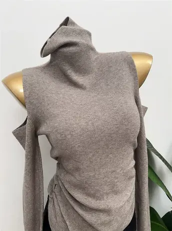 摩卡色很高JI~自留 柔软舒适羊毛针织衫好穿高领露肩显胸打底上衣商品大图