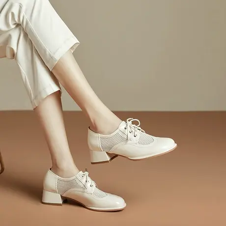 透气网纱乐福鞋女2023新款系带圆头中跟粗跟英伦风小皮鞋简约百搭商品大图