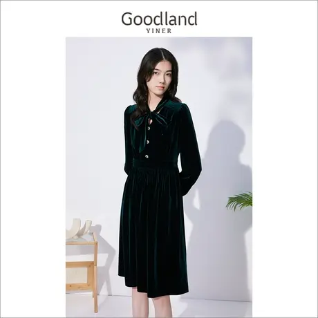 *Goodland美地女装冬季蝴蝶结金丝绒高级感茶歇连衣裙图片