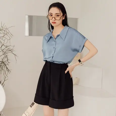 桔熊夏季通勤宽松微光泽感舒适落肩短袖衬衫上衣女装大码AB16961图片