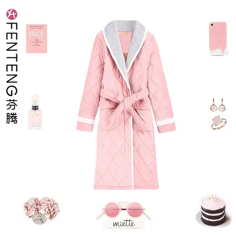 芬腾秋冬睡袍女加厚保暖加绒三层珊瑚绒夹棉大码法兰绒家居服睡衣图片