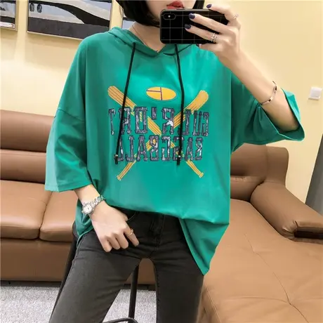 中长款五分袖连帽体恤衫2023年新款韩版女装宽松夏季字母短袖t恤图片