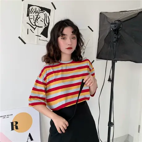 网红条纹短袖t恤短款2024年夏季新款女装修身上衣学生韩版打底衫商品大图
