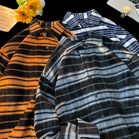 雪尼尔格子衬衫男长袖春秋季日系复古高级感休闲衬衣宽松潮牌外套商品大图