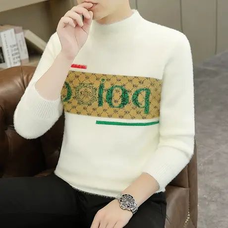 秋冬季加厚保暖半高领水貂绒毛衣男士韩版潮流提花长袖打底针织衫商品大图