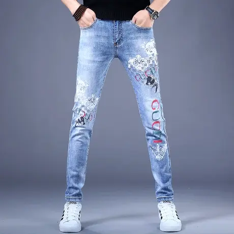 性价比品牌2023秋冬新款男士印花牛仔裤男款潮牌休闲裤子修身小脚商品大图