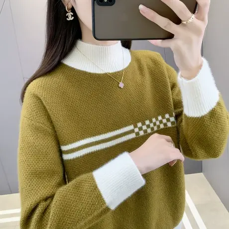拼色半高领毛衣女2024年春季新款加厚水貂绒宽松气质内搭打底衫潮商品大图