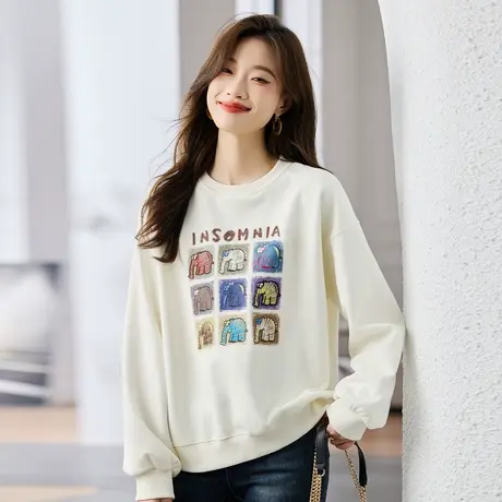 时尚休闲通勤2023年秋季新款女装圆领宽松百搭套头印花长袖卫衣图片