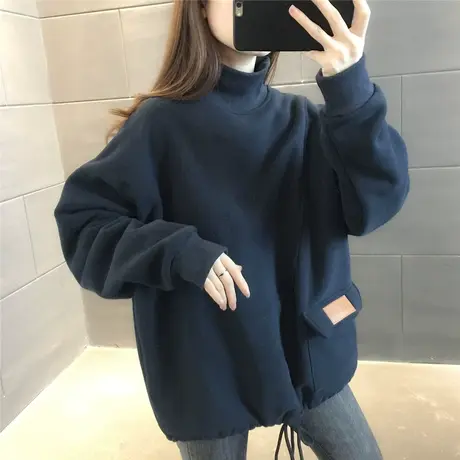 高领口袋加绒加厚卫衣女2023年秋冬新款韩版宽松慵懒保暖外套潮流图片