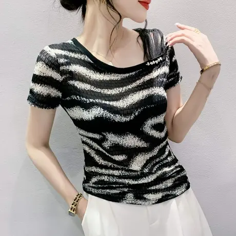 性感斜领T恤女短袖欧货2023新款网纱拼接小衫洋气印花修身上衣ins商品大图