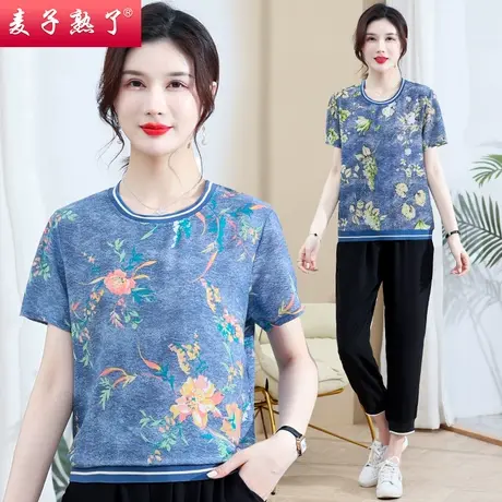 妈妈夏装套装时尚休闲新款中老年女夏季短袖T恤上衣运动服两件套商品大图