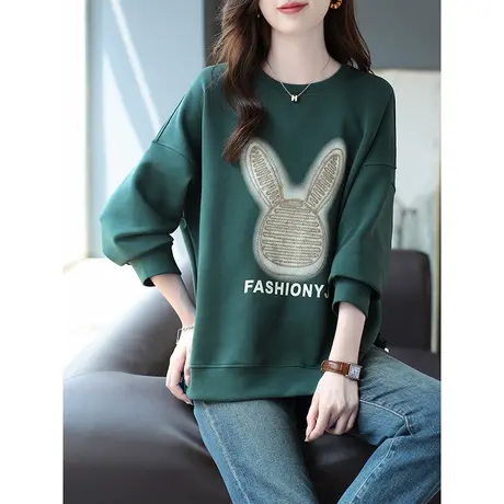 宝诗黎圆领刺绣字母落肩长袖卫衣2024新款时尚宽松棉质春季上衣女商品大图