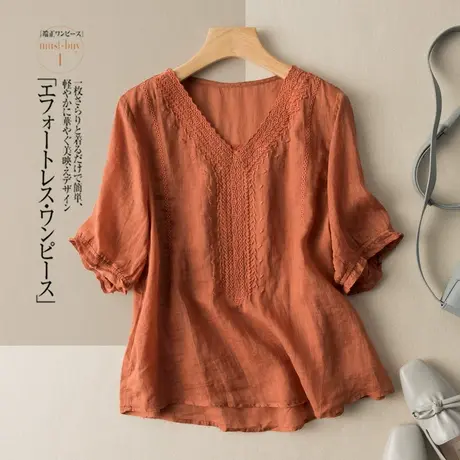 短袖亚麻衬衣女刺绣2024夏季新款薄款棉麻上衣气质宽松漂亮衬衫女图片