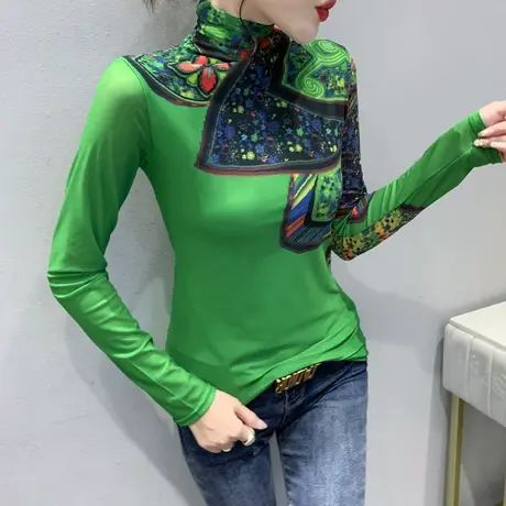 加绒加厚打底衫女春秋复古印花气质高领长袖T恤修身内搭网纱上衣商品大图