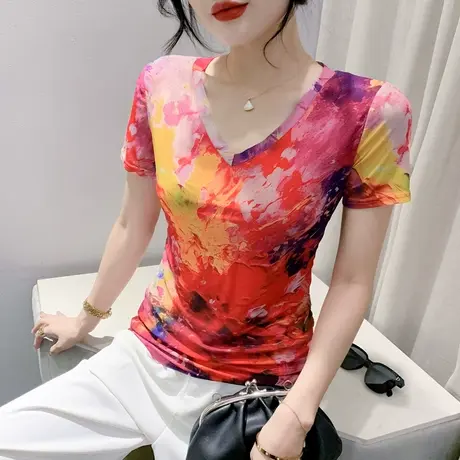欧货拼色印花上衣女短袖夏季2024新款性感V领小衫气质百搭网纱T恤商品大图