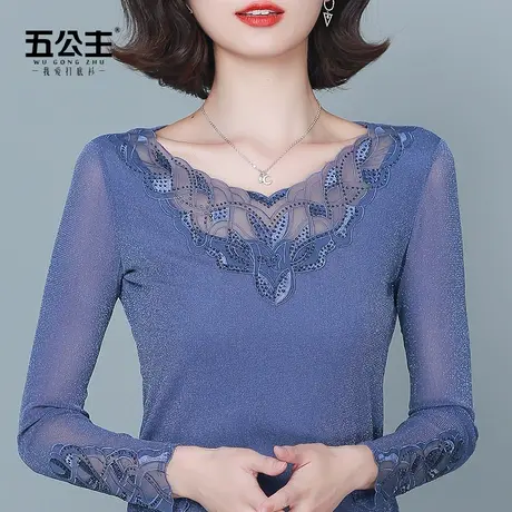 五公主低领蕾丝打底衫新款秋冬时尚洋气上衣女内搭网纱烫钻小衫薄商品大图