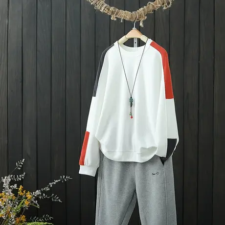 文艺拼色卫衣女秋季新款圆领套头长袖白色打底衫ins宽松拼接上衣图片