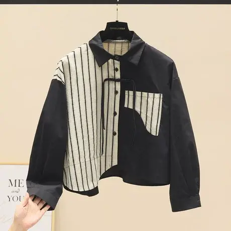 欧货条纹盘扣不对称翻领衬衫女早秋新款撞色拼接宽松休闲长袖上衣图片