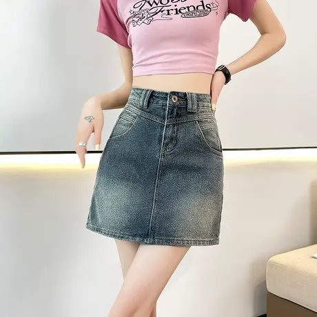 港风牛仔半身裙女高腰显瘦a字包臀夏季薄款小个子复古辣妹短裙子图片