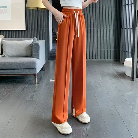 松紧腰直筒裤女春夏薄款2023新款裤子宽松拖地裤休闲裤开叉阔腿裤商品大图