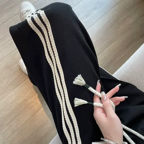 黑色运动阔腿裤女春秋2023新款宽松显瘦高腰垂感直筒束脚休闲卫裤图片