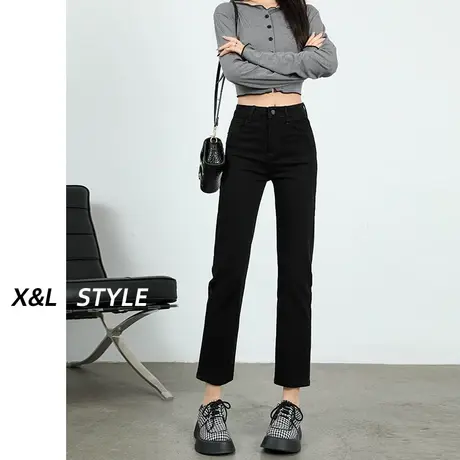 黑色高腰烟管牛仔裤女2023年秋季新款复古显瘦九分直筒高街法棍裤图片