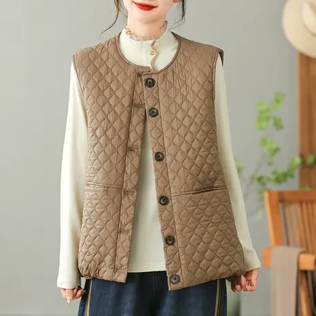dza 复古圆领菱格棉衣马甲女士2023秋冬新款宽松外搭坎肩休闲马夹图片