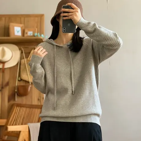 dza 复古短款连帽毛衣女士秋冬加厚内搭上衣纯色打底衫宽松针织衫图片