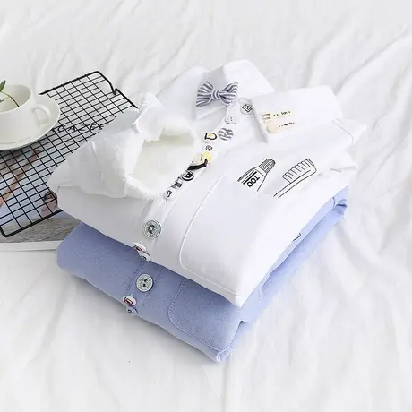 秋冬新款日系小清新刺绣加绒加厚衬衫女长袖宽松百搭学生打底衬衣商品大图