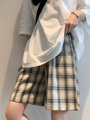 格子短裤女夏季薄款宽松阔腿高腰大码胖mm显瘦直筒休闲运动五分裤图片