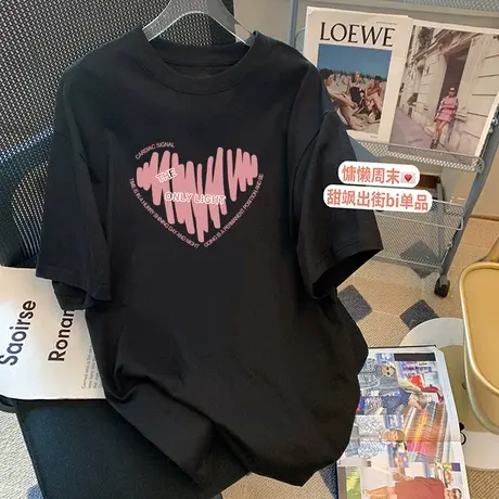 纯棉短袖T恤女韩版宽松中长款爱心上衣2022新款简约时尚百搭体恤图片