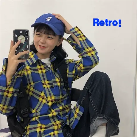 2019春秋新款韩版复古格子宽松bf百搭学院港风ins长袖衬衫衬衣女图片