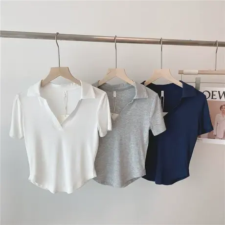 短款灰色polo领短袖甜酷t恤女夏季薄款休闲网红高腰修身显瘦上衣图片
