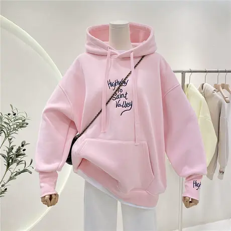 秋冬韩系百搭字母刺绣宽松设计感小众加绒加厚连帽卫衣女休闲外套商品大图