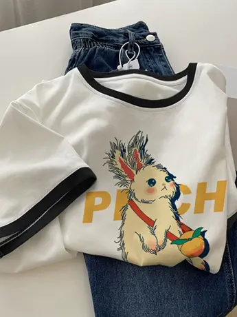 白色仿棉短袖t恤女2023夏季新款港风chic潮牌小众设计感正肩上衣商品大图