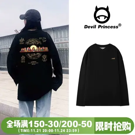 vintage美式复古风宽松黑色长袖T恤女2024年春夏新款ins潮牌上衣图片