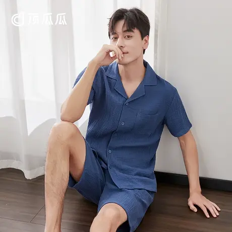 【轻柔双层纱】顶瓜瓜纱布睡衣男纯棉2022新款男士短袖短裤家居服商品大图