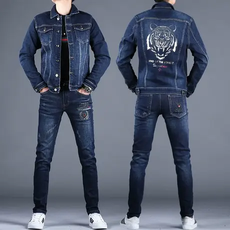 男士高端烫钻刺绣牛仔套装男夹克休闲裤子2023新款秋冬男款外套男图片