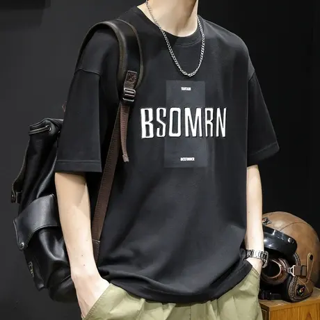 竖条重磅短袖t恤男士夏季宽松胖子大码男装潮牌2024新款男款体恤商品大图